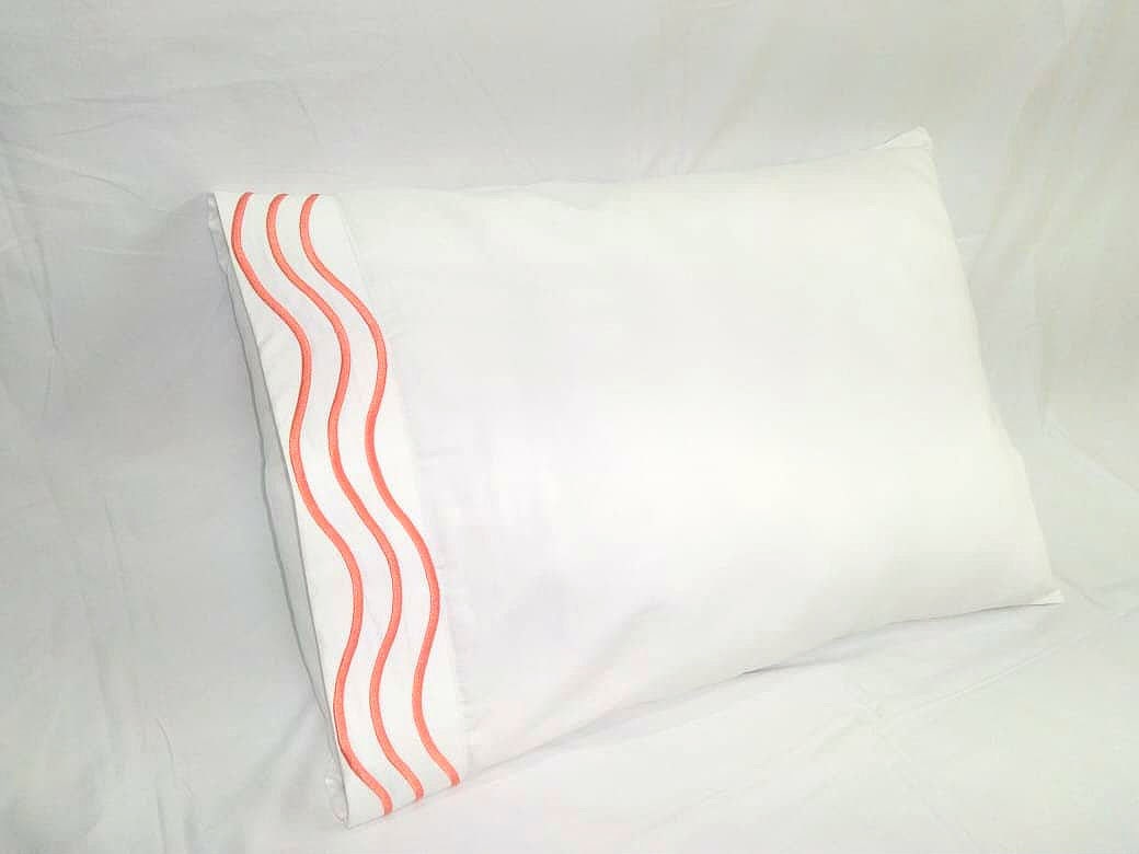 SHEET SET_ 3 Line Wave Embroidery Sheet Set White 100% Cotton Sateen Sheet Set 400 Thread Count