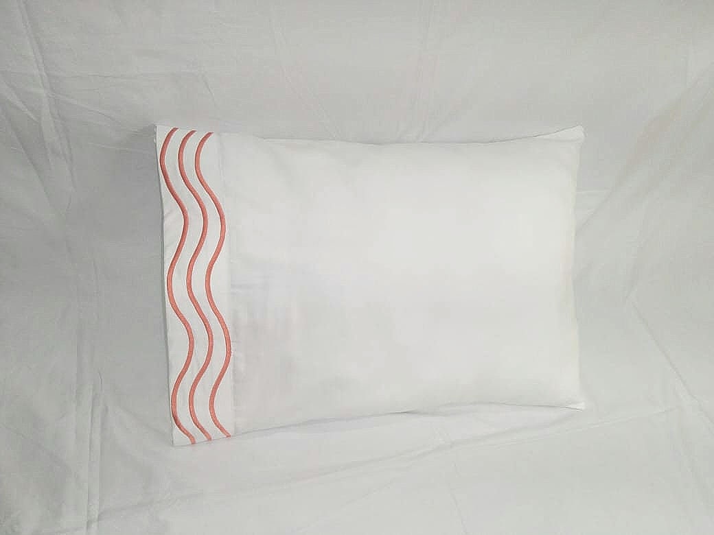 SHEET SET_ 3 Line Wave Embroidery Sheet Set White 100% Cotton Sateen Sheet Set 400 Thread Count