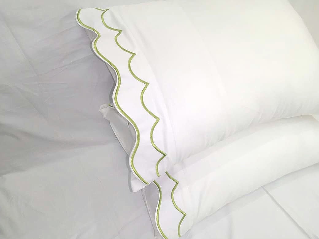 SHEET SET_ Double Scalloped Embroidery Sheet Set White 100% Cotton Sateen Sheet Set 400 Thread Count