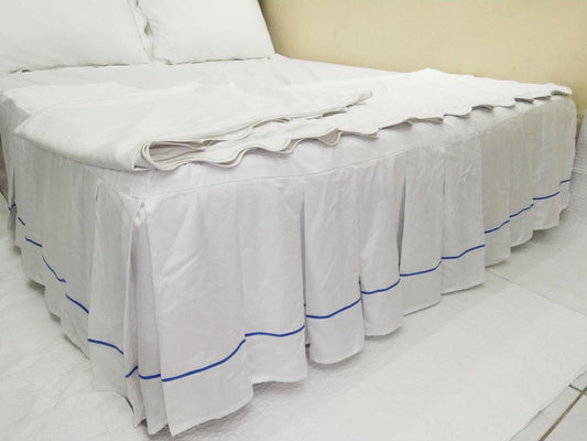 Pleated Single embroidery Bedskirt-400 Thread Count White Cotton Sateen Bed Skirt Three Sided Coverage with Platform