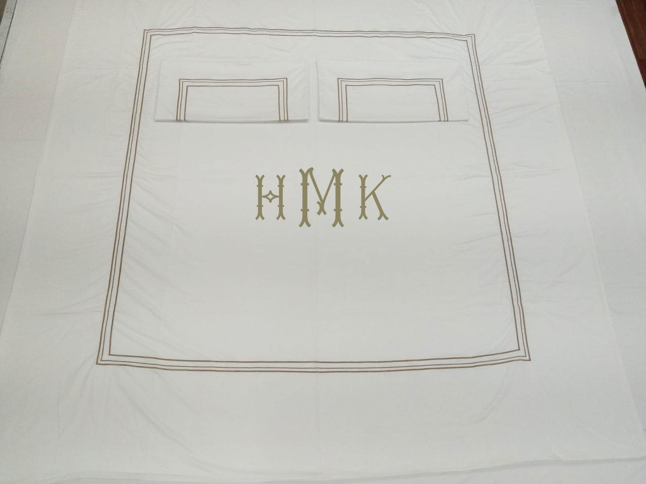 Personalization monogram 3 Line embroidery duvet cover set 400 Thread count white 100% cotton sateen