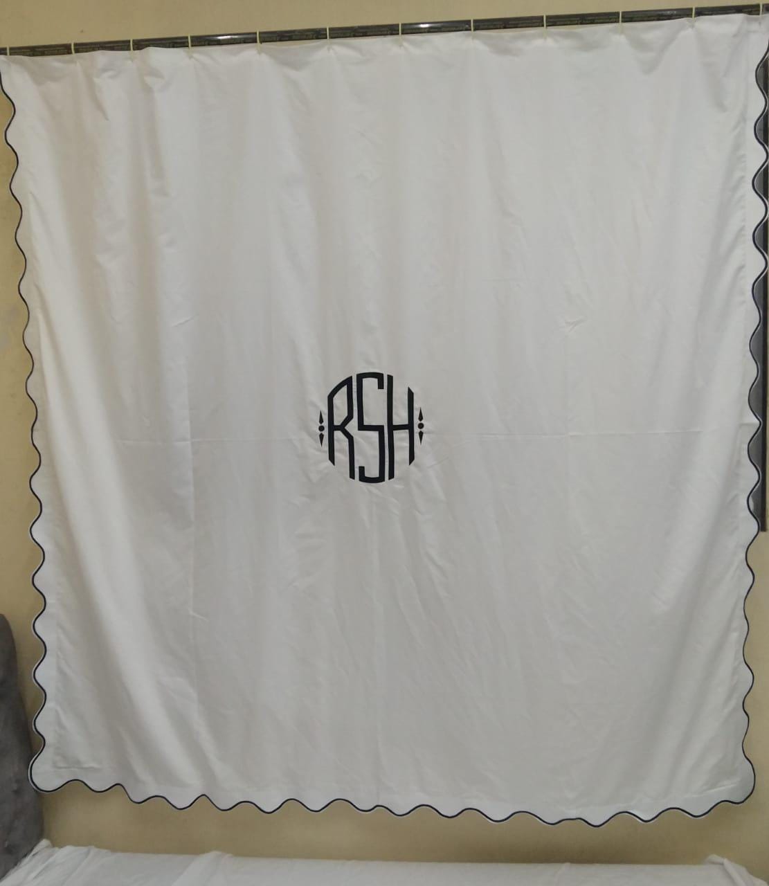 Window Curtain Personalized Monogram White 100% Cotton Sateen scalloped Embroidery window Curtain