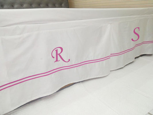 Personalized Monogram Bedskirt-400 Thread Count White Cotton Sateen Double Embroidery Bed Skirt Three Sided Coverage with Platform