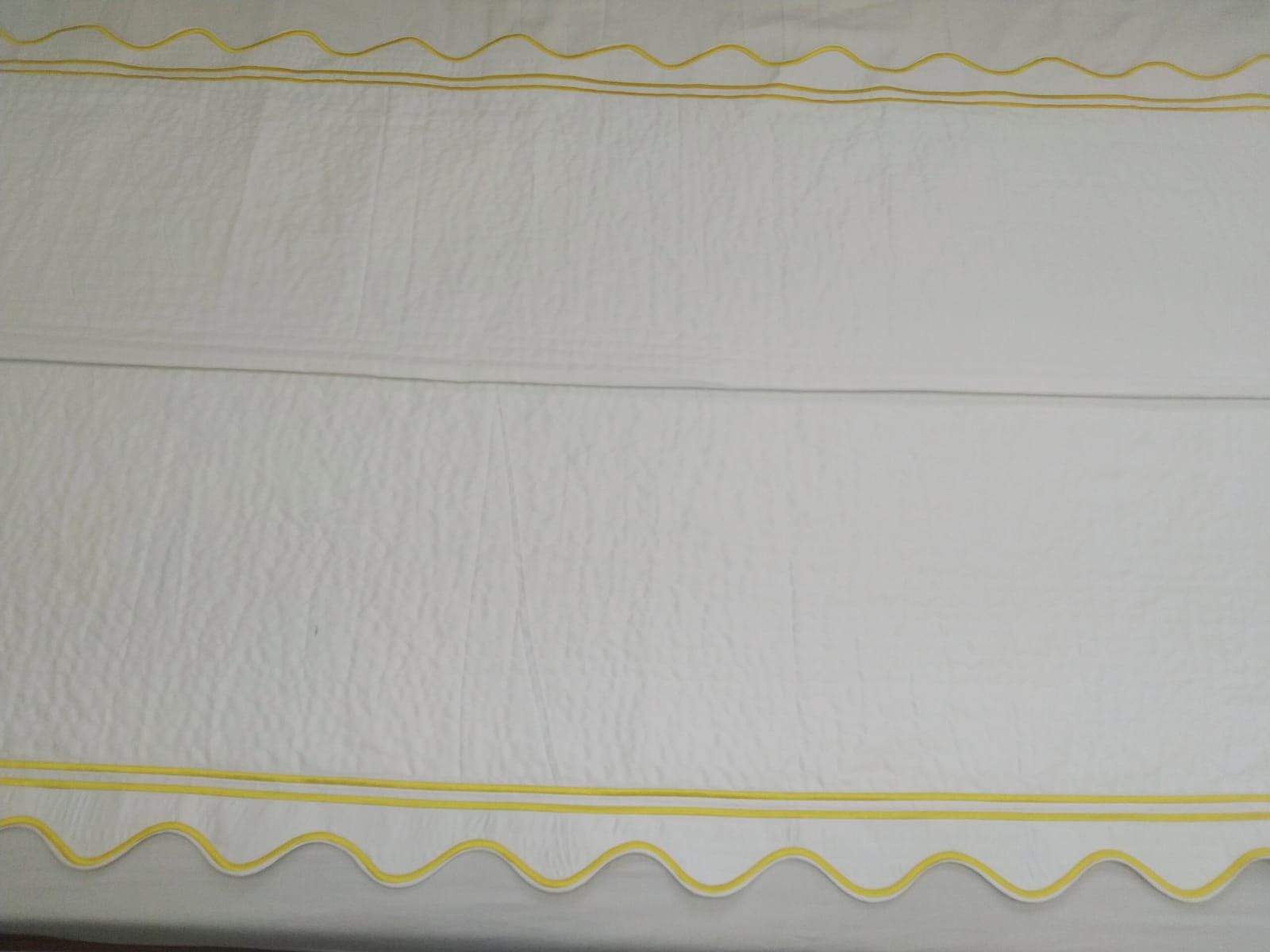 White 100% Cotton Sateen Quilted Coverlet and Pillow sham Scalloped and Double Border Embroidery 400 Thread Count