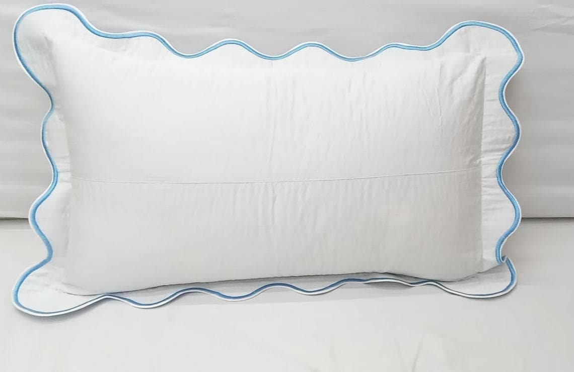 White 100% Cotton Sateen Quilted Pillow sham Scalloped Embroidery 400 Thread Count