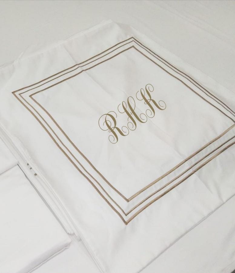 Personalization monogram 3 Line embroidery duvet cover set 400 Thread count white 100% cotton sateen