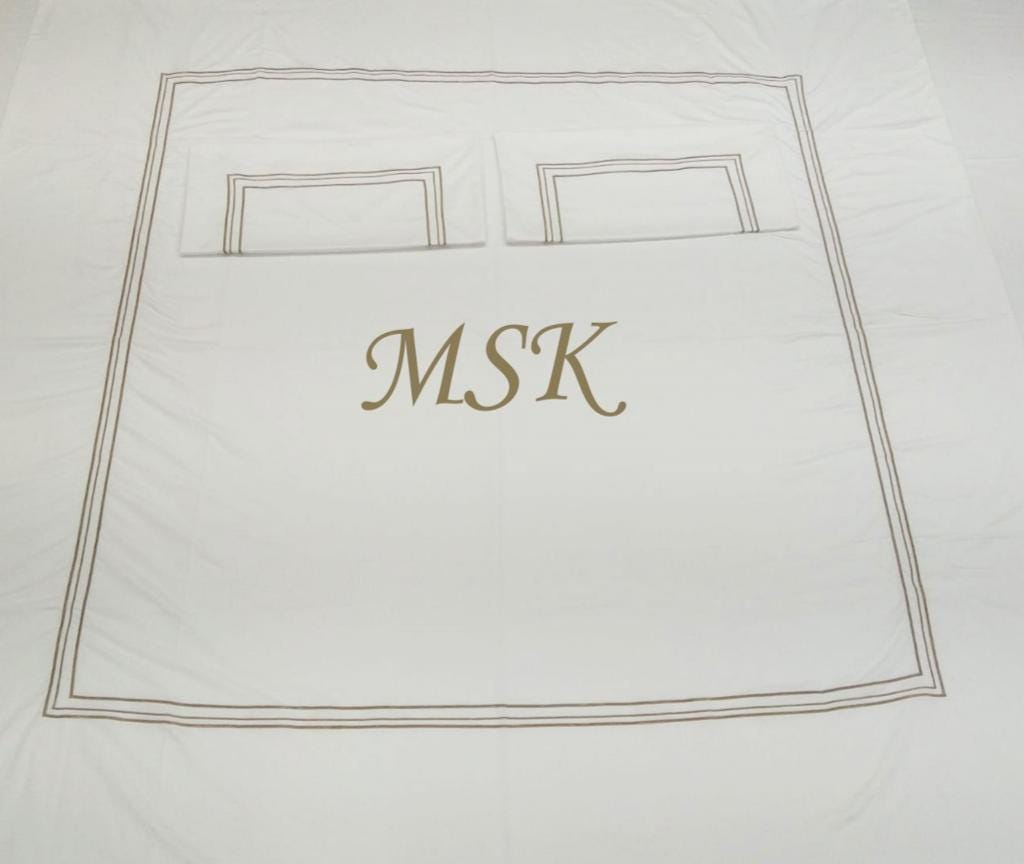 Personalization monogram 3 Line embroidery duvet cover set 400 Thread count white 100% cotton sateen