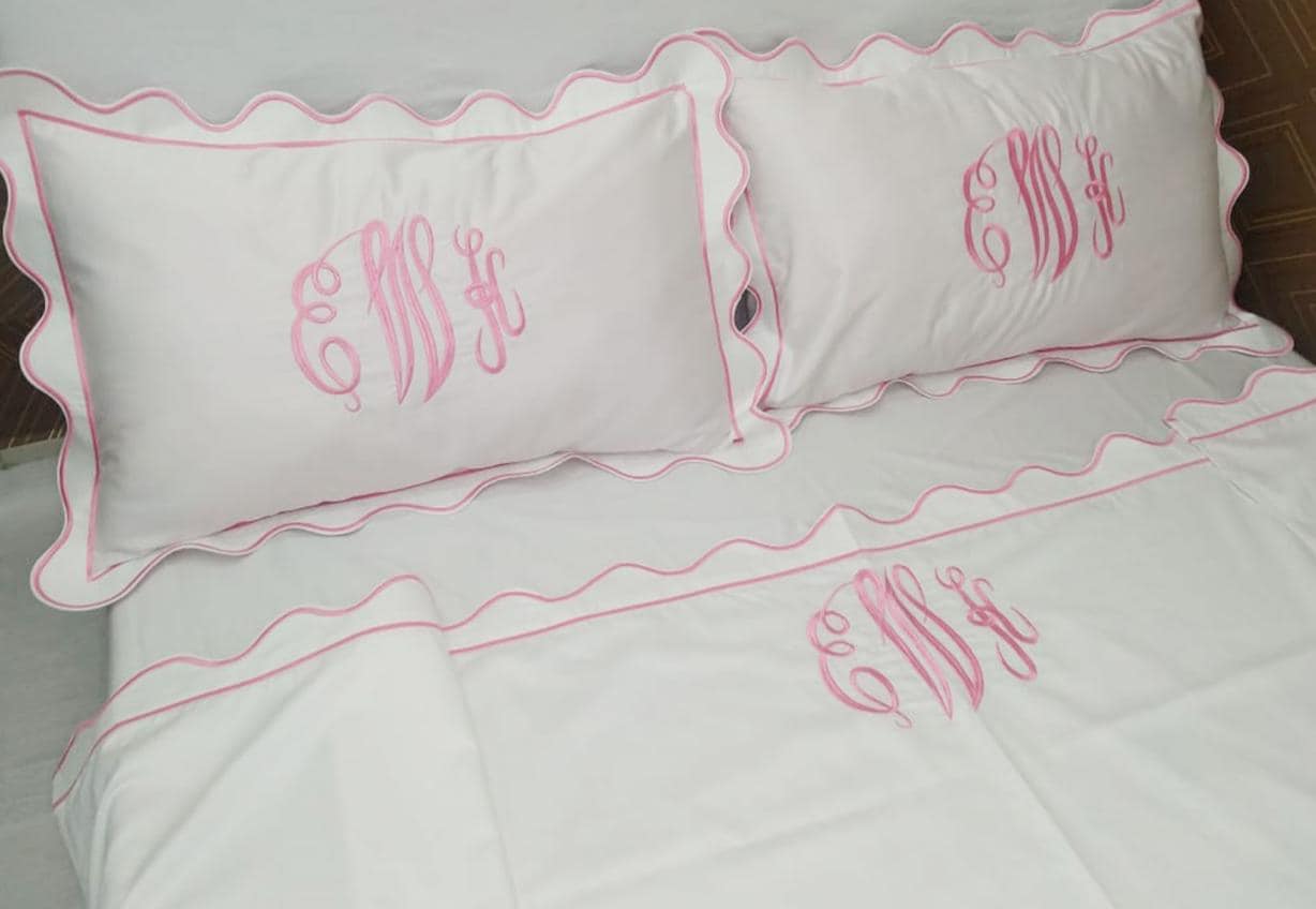 Personalized monogram scalloped and border Embroidery Sheet set 400 Thread Count White Cotton Sateen Sheet set