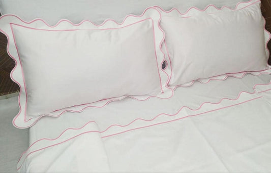 Scalloped and border Embroidery Sheet set 400 Thread Count White Cotton Sateen Sheet set