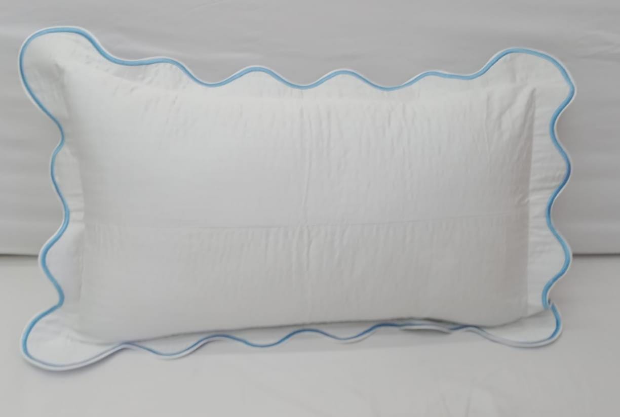 White 100% Cotton Sateen Quilted Pillow sham Scalloped Embroidery 400 Thread Count