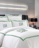 Personalized Monogram 400 Thread Count white 100% Cotton Sateen Hotel Stitch Duvet Cover set in Triple Embroidery Border