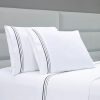 400 Thread Count White Cotton Sateen Hotel Stitch 3 Line Embroidery Border 4 Piece Sheet Set - Image 6