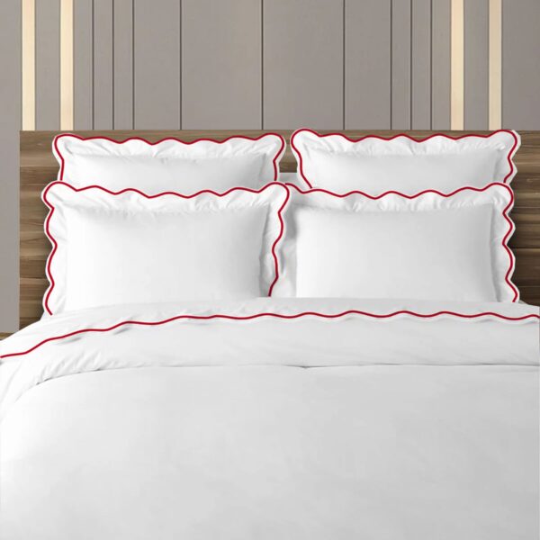 400 Thread Count White 100% Cotton Sateen Hotel Stitch Scalloped  Embroidery Duvet Cover set