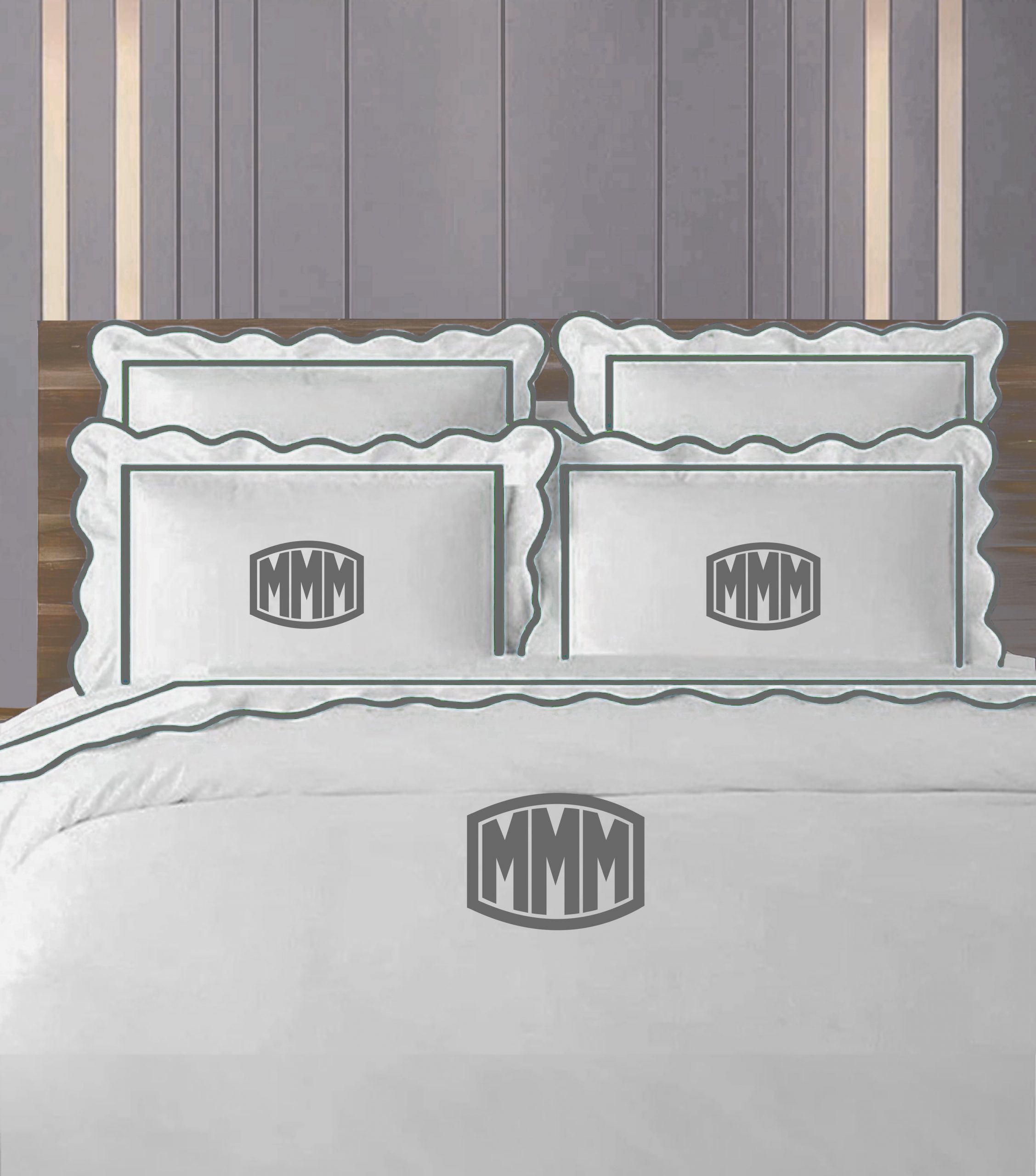 Personalized Monogram 400 Thread Count White 100% Cotton Sateen Hotel Stitch Scalloped & Border Embroidery Duvet Cover Set - Image 4