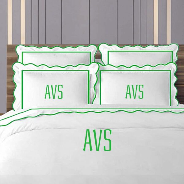 Personalized Monogram 400 Thread Count White 100% Cotton Sateen Hotel Stitch Scalloped & Border Embroidery Duvet Cover Set