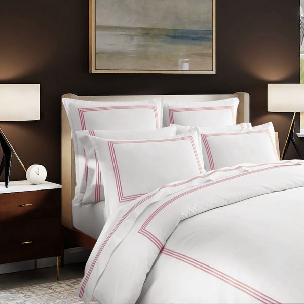 400 Thread Count White 100% Cotton Sateen 3 line embroidery Border Duvet Cover Set