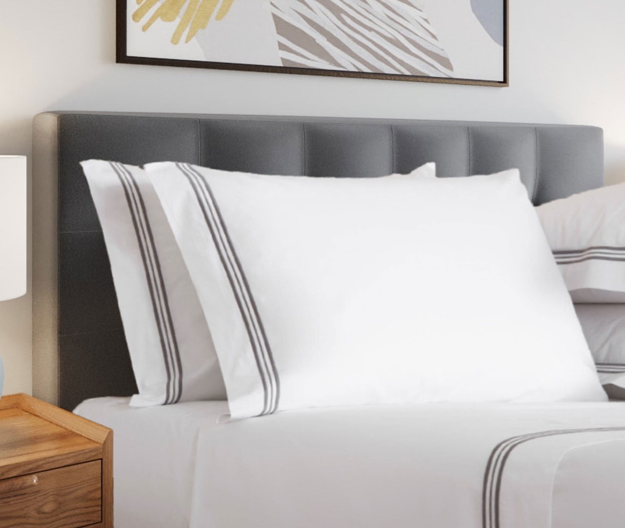 400 Thread Count White Cotton Sateen Hotel Stitch Sheet Set in 3 line Embroidery Border