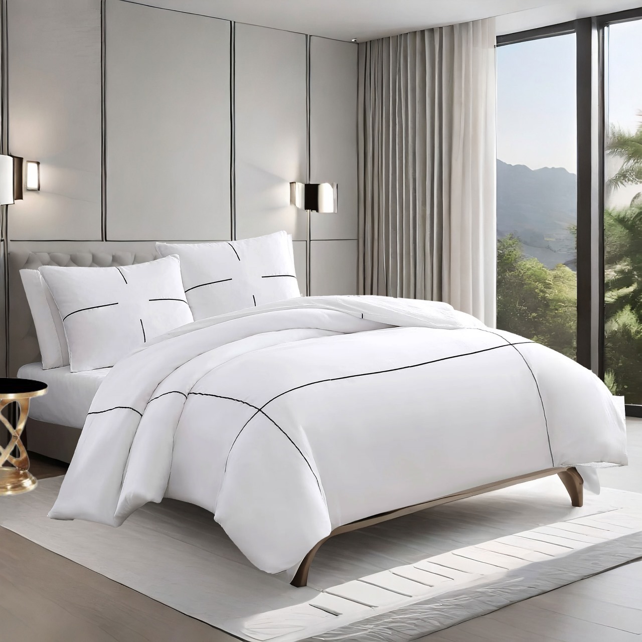 400 Thread Count White 100% Cotton Sateen Hotel Stitch Embroidery Border Duvet Cover set - Image 2