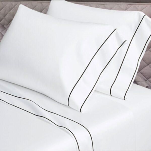 400 Thread Count White Cotton Sateen Hotel Stitch Edge and Border Embroidery 4 Piece Sheet Set