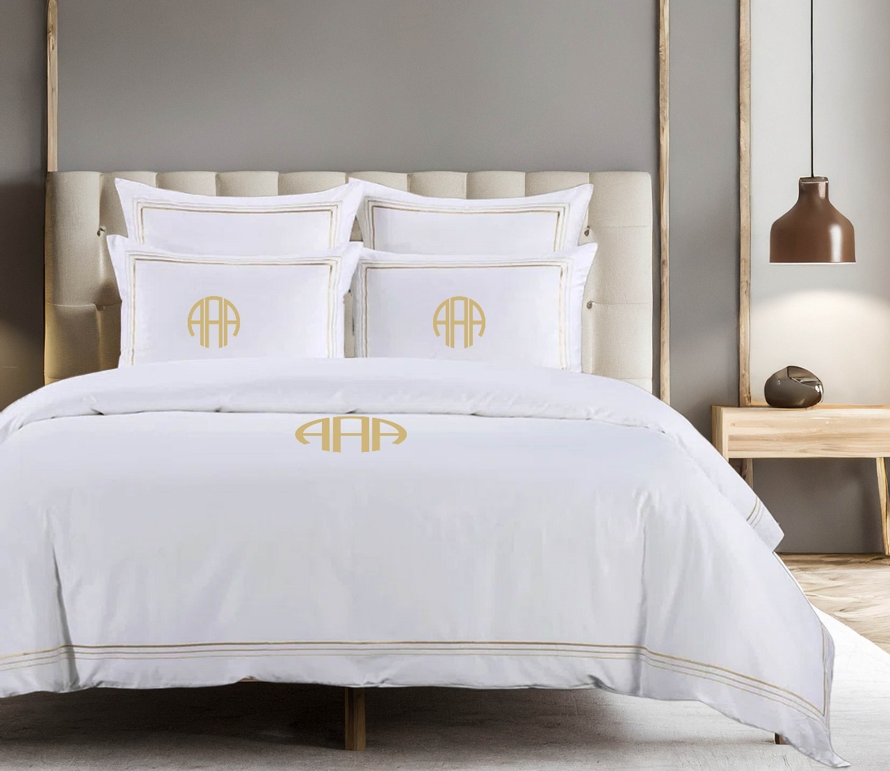 Personalized Monogram 400 Thread Count White 100% Cotton Sateen Hotel Stitch 3 line Edge Embroidery Border Duvet Cover set