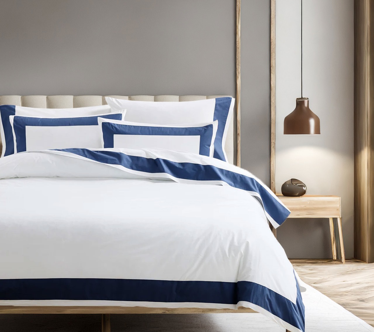 400 Thread Count white Cotton Sateen Hotel Stitch Border Frame duvet cover set - Image 2