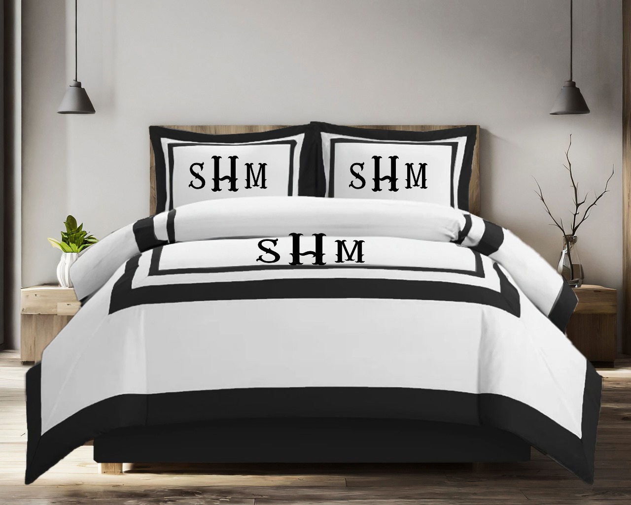 Personalized Monogram 400 Thread Count white Cotton Sateen Hotel Stitch Border Frame duvet cover set - Image 3