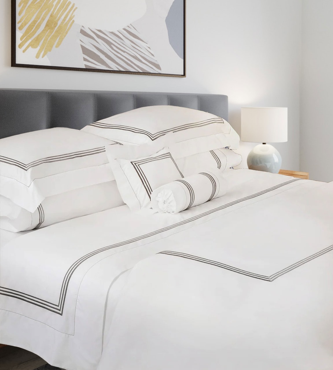 400 Thread Count White 100% Cotton Sateen Hotel Stitch Embroidery Border Duvet Cover set - Image 8