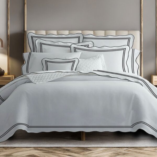 400 Thread Count White 100% Cotton Sateen Hotel Stitch Scalloped and Double Border embroidery Duvet cover Set