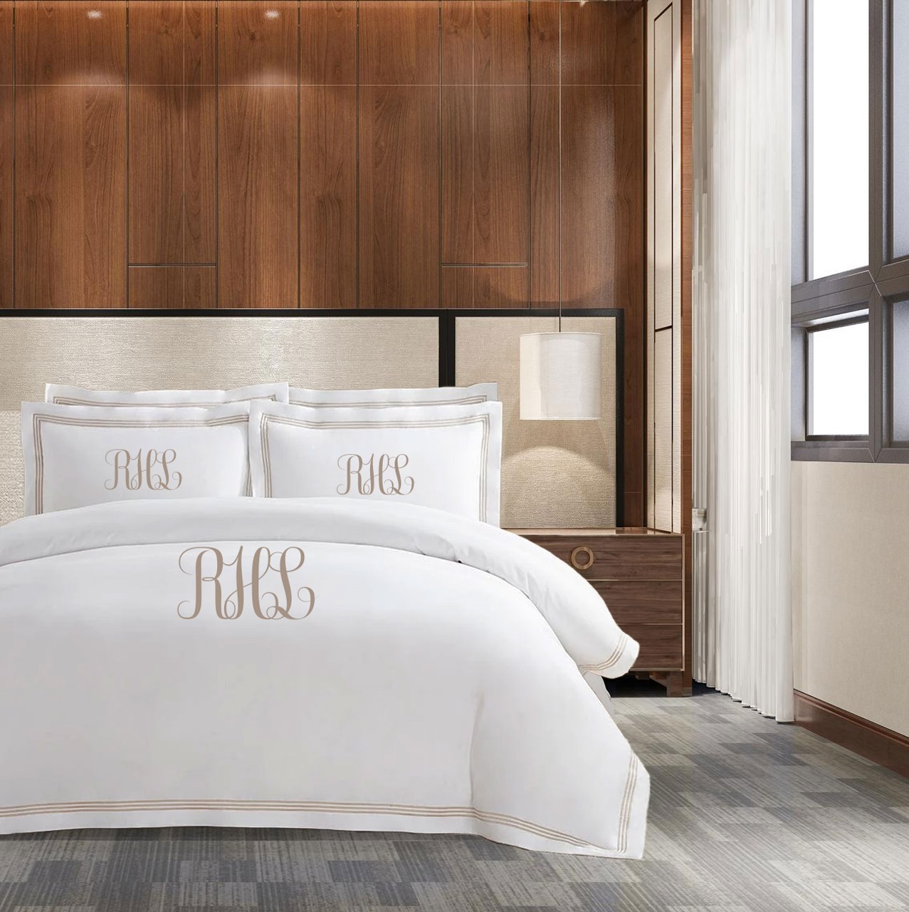 Personalized Monogram 400 Thread Count White 100% Cotton Sateen Hotel Stitch Triple Edge Embroidery Border Duvet Cover set - Image 4