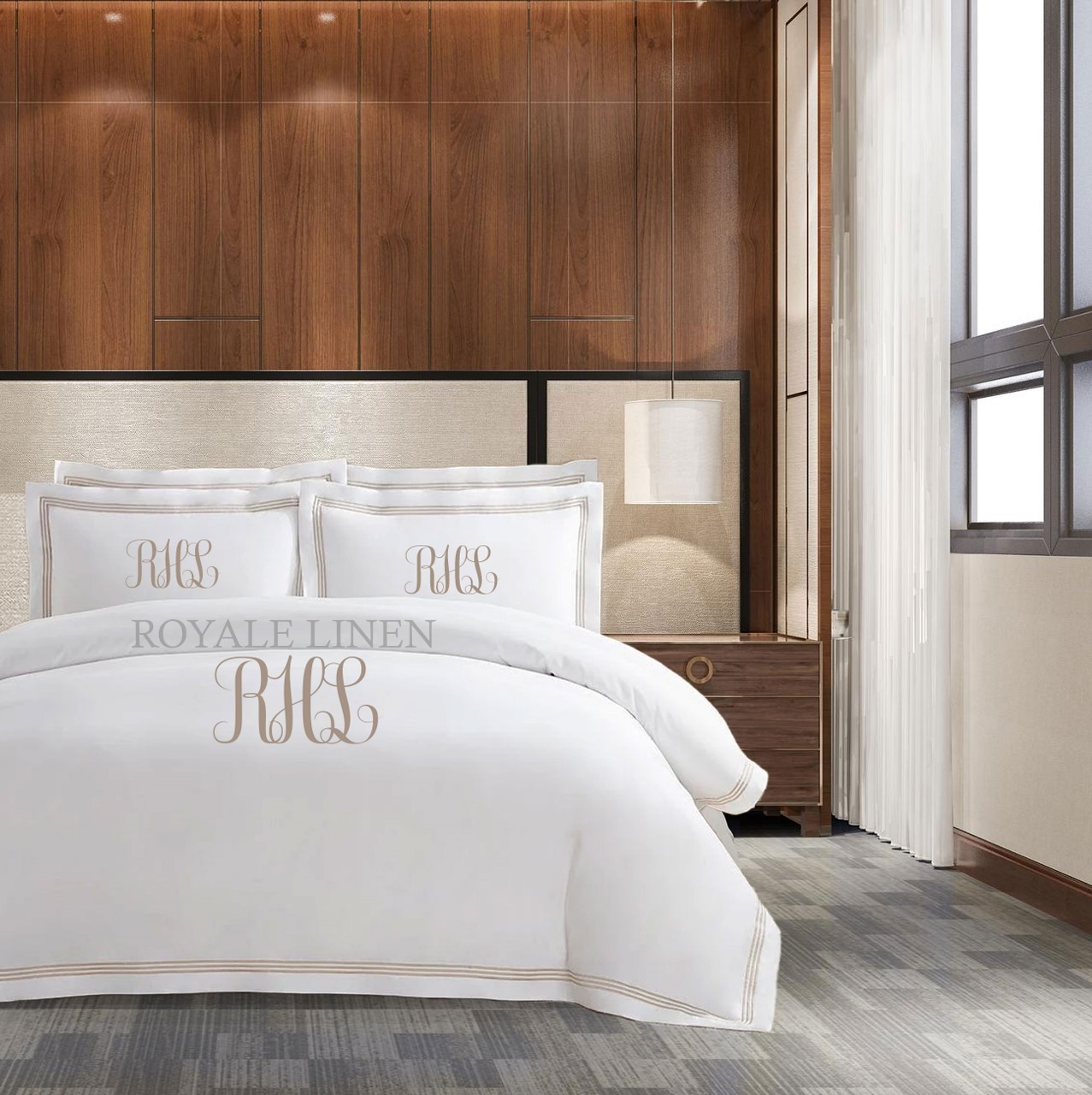Personalized Monogram 400 Thread Count White 100% Cotton Sateen Hotel Stitch Triple Edge Embroidery Border Duvet Cover set - Image 2