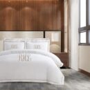 Personalized Monogram 400 Thread Count White 100% Cotton Sateen Hotel Stitch Triple Edge Embroidery Border Duvet Cover set