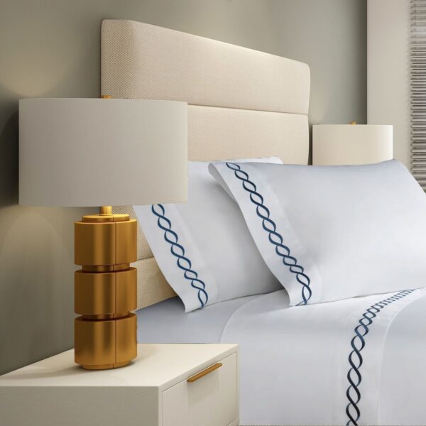 400 Thread Count White Cotton Sateen Hotel Stitch Chain Embroidery Border 4 Piece Sheet Set