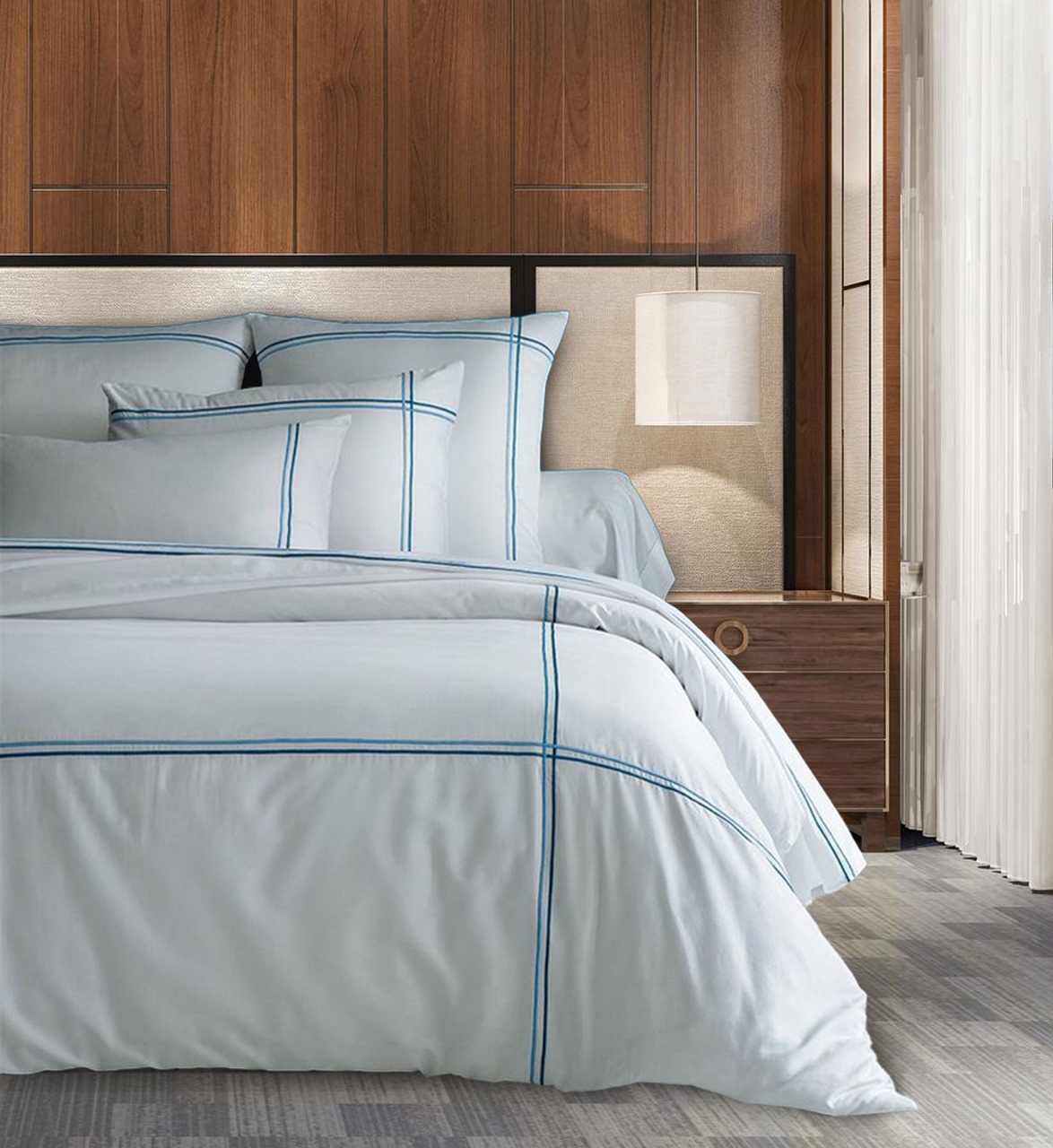 400 Thread Count White Cotton Sateen Hotel Stitch Duvet Cover Set in Double Embroidery Border 1 Duvet Cover and 2 Pillow Sham Cover - Image 2