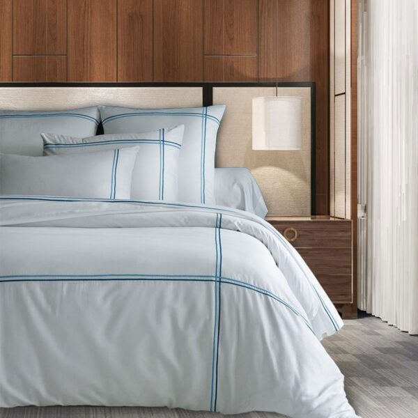 400 Thread Count White Cotton Sateen Hotel Stitch Duvet Cover Set in Double Embroidery Border 1 Duvet Cover and 2 Pillow Sham Cover