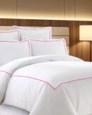 400 Thread Count White Cotton Sateen Hotel Stitch Duvet Cover Set in Single Embroidery Border 1 Duvet Cover and 2 Pillow Sham Cover