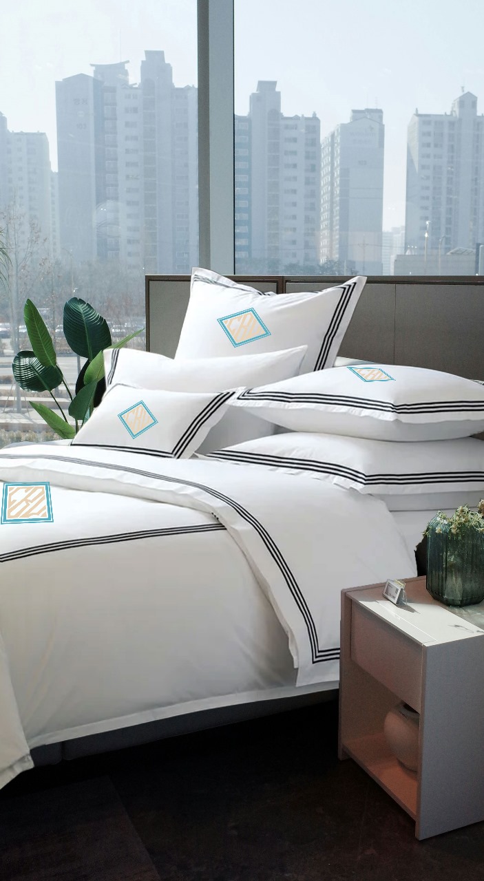 Personalized Monogram 400 Thread Count White 100% Cotton Sateen Hotel Stitch 3 line Embroidery Border Duvet Cover set - Image 3