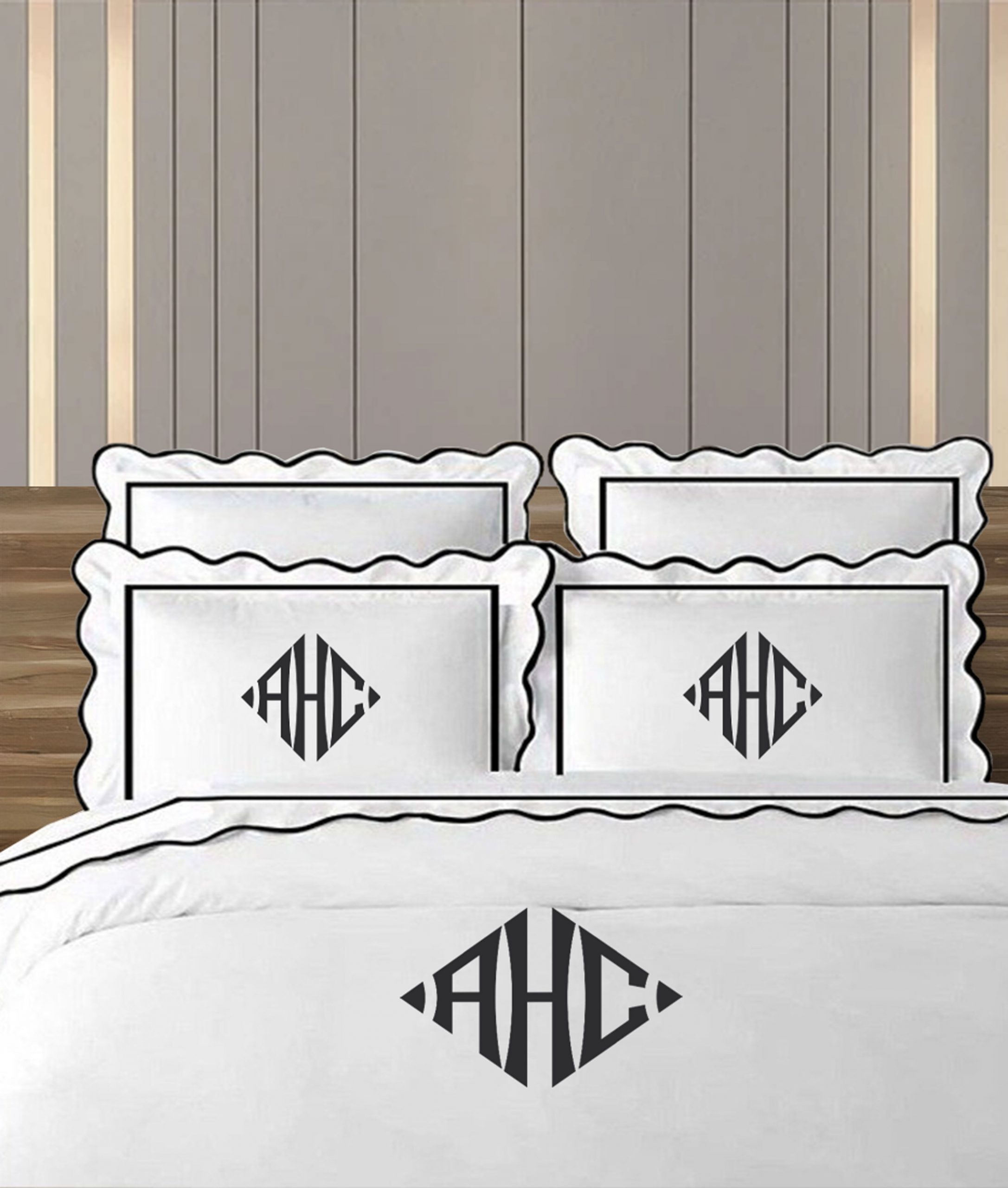 Personalized Monogram 400 Thread Count White 100% Cotton Sateen Hotel Stitch Scalloped & Border Embroidery Duvet Cover Set - Image 3