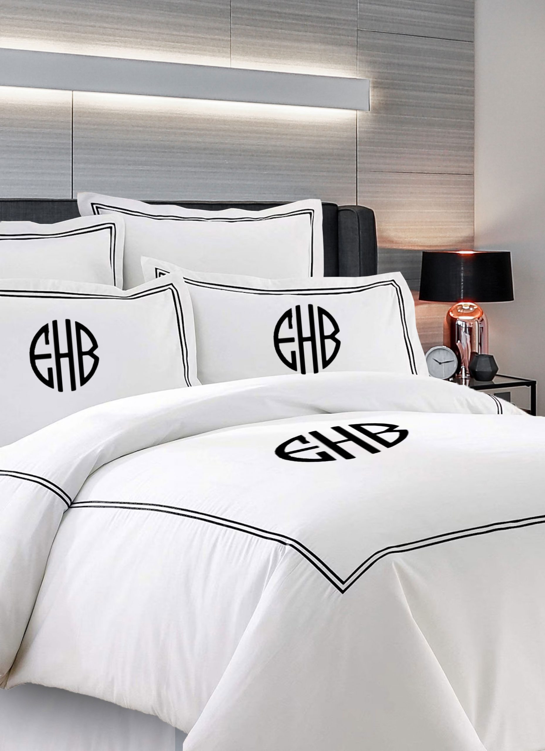 Personalized Monogram 400 Thread Count White Cotton Sateen Hotel Stitch Double Embroidery Border Duvet Cover set - Image 3
