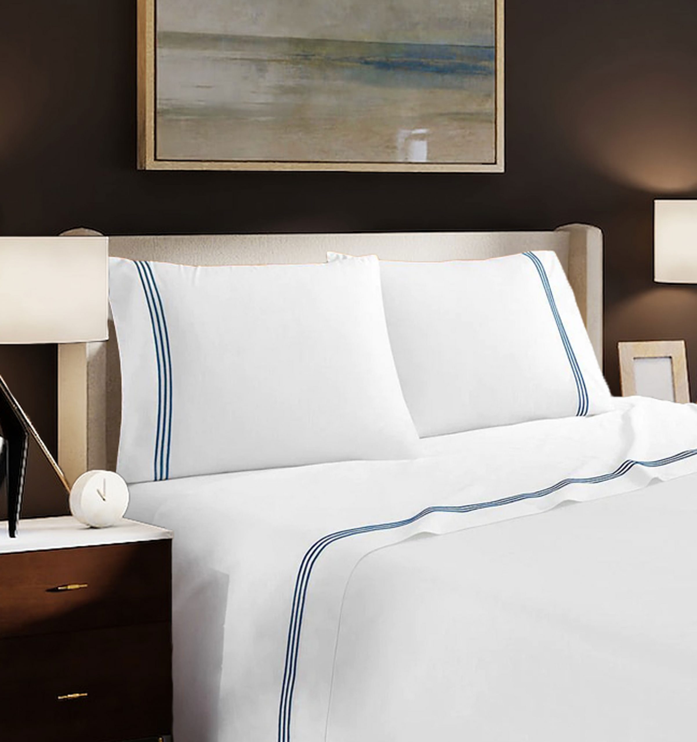 400 Thread Count White Cotton Sateen Hotel Stitch Sheet Set in Triple Embroidery Border - Image 2