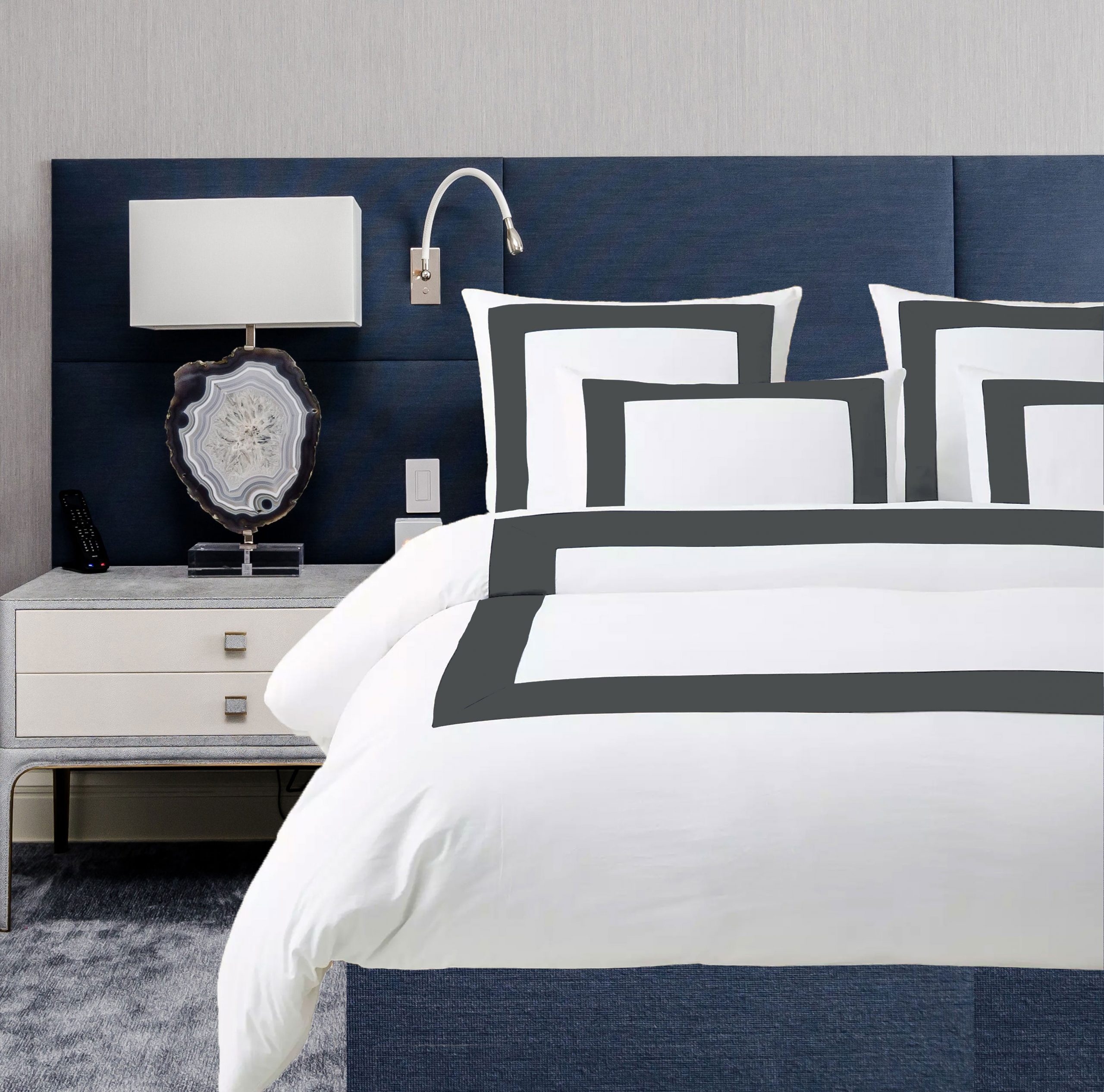 400 Thread Count white Cotton Sateen Hotel Stitch Border Frame duvet cover set - Image 3