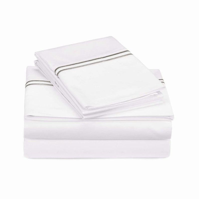 Bed Sheet Set: Double Embroidery Border 400 Thread Count White 100% Cotton Sateen Sheet Set - Image 7
