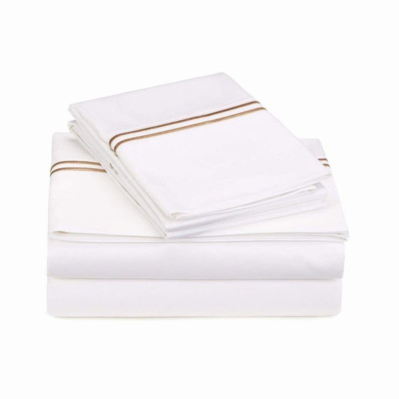 Bed Sheet Set: Double Embroidery Border 400 Thread Count White 100% Cotton Sateen Sheet Set