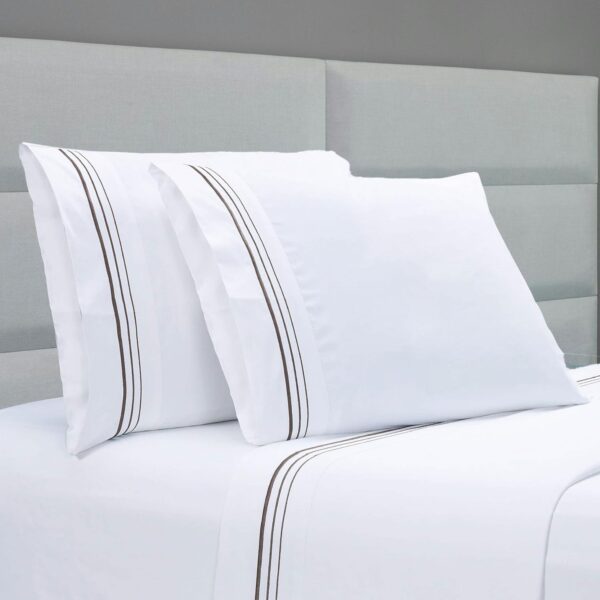 400 Thread Count White Cotton Sateen Hotel Stitch 3 Line Embroidery Border 4 Piece Sheet Set