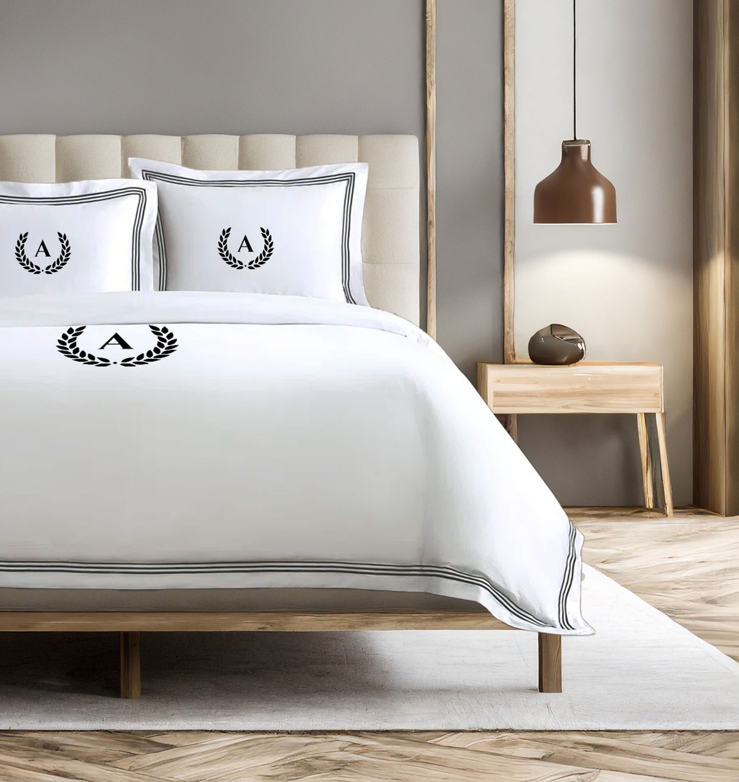Personalized Monogram 400 Thread Count White 100% Cotton Sateen Hotel Stitch Triple Edge Embroidery Border Duvet Cover set - Image 6