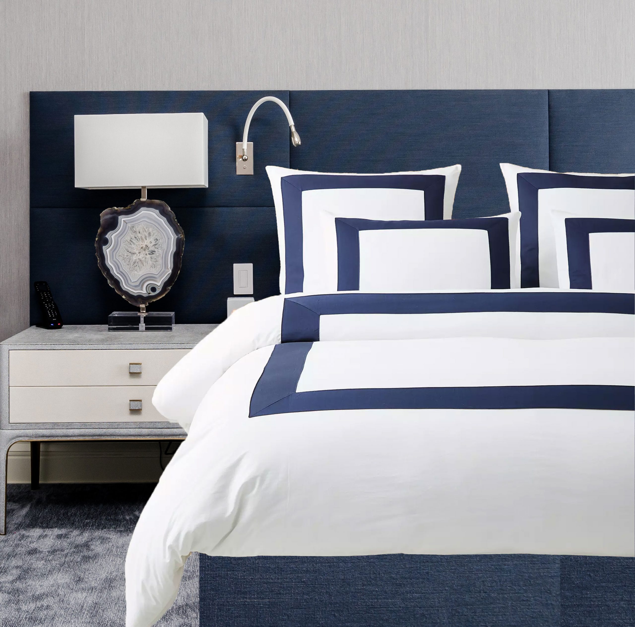 400 Thread Count white Cotton Sateen Hotel Stitch Border Frame duvet cover set