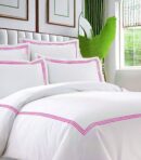 Bed Duvet Cover Set: Triple Embroidery Border 400 Thread Count White Cotton Sateen Duvet Cover Set