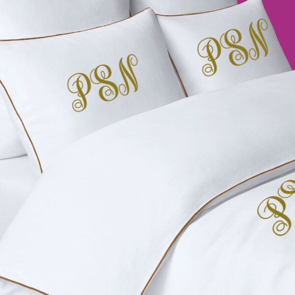 Personalized Monogram 400 Thread Count White 100% Cotton Sateen Hotel Stitch Edge embroidery border Duvet Cover set