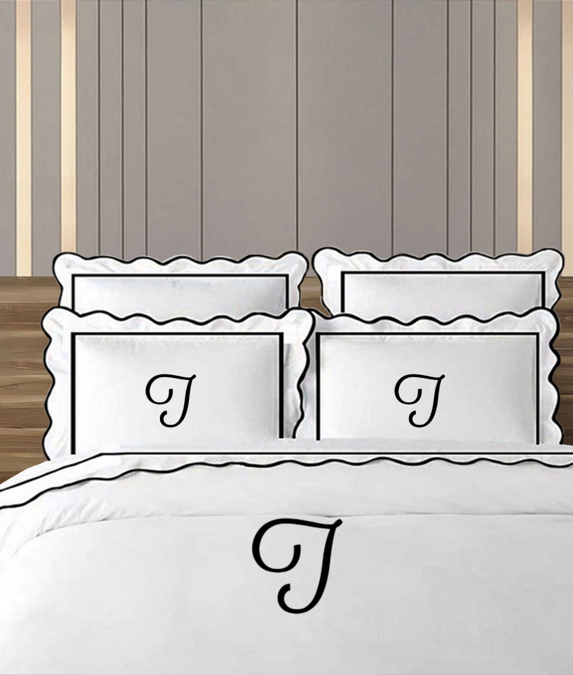 Personalized Monogram 400 Thread Count White 100% Cotton Sateen Hotel Stitch Scalloped & Border Embroidery Duvet Cover Set - Image 6