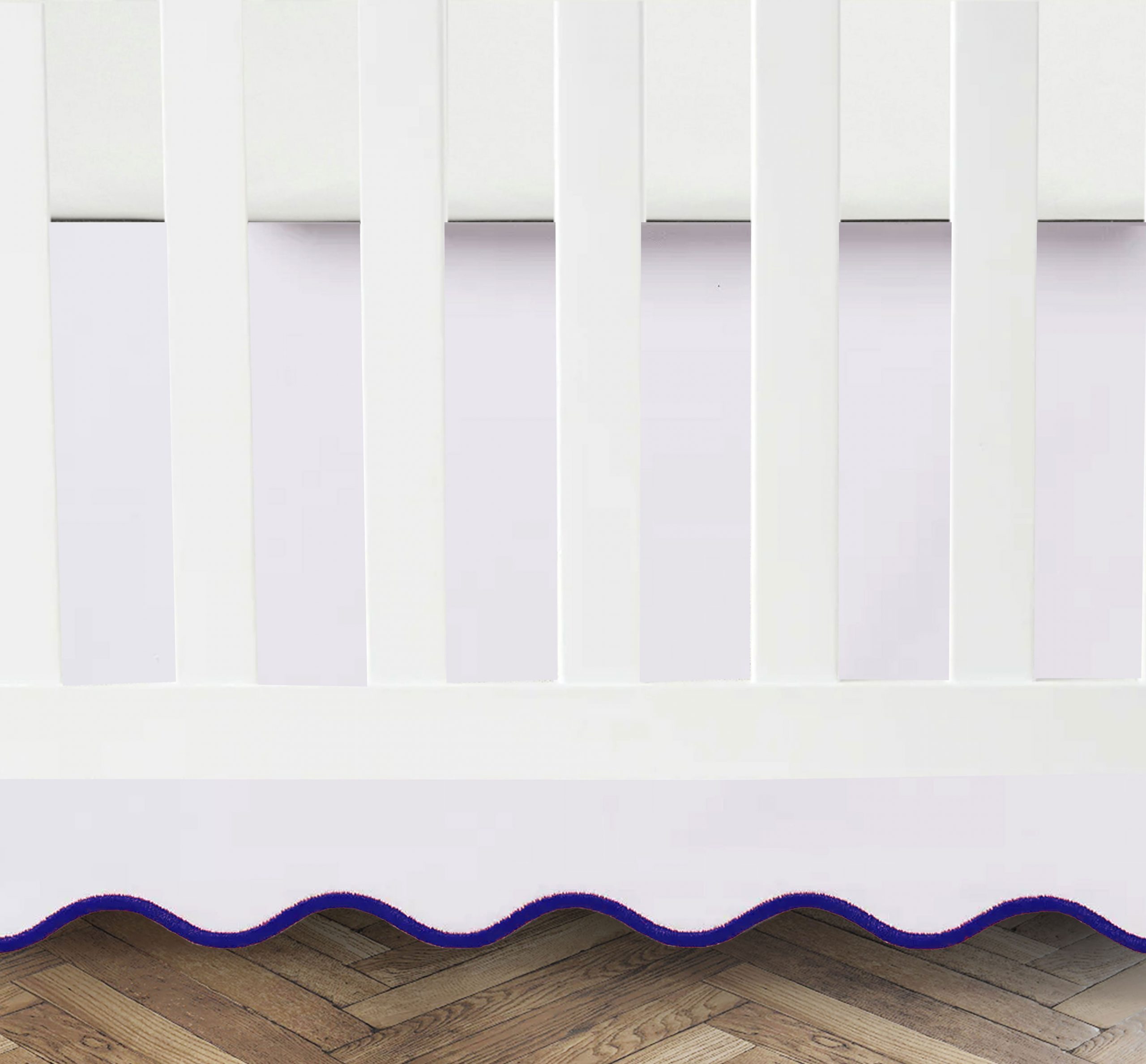 White 100% Cotton Sateen Crib skirt scalloped Embroidery with split corners ; 4-sided skirt fits around the entire crib - Image 6