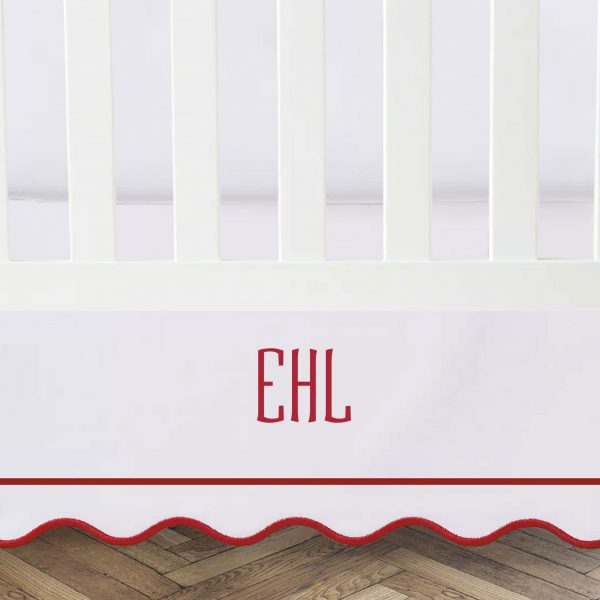 Personalized monogram white100% Cotton Sateen Crib skirt scalloped Embroidery with split corners 4-sided skirt
